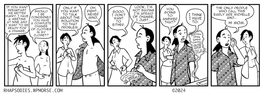 In today's Rhapsodies,  Paul has to answer the phone.
rhapsodies.wpmorse.com
#Rhapsodies
#comics
#comicstrip
#dailycomic
#relationships
#morning
#phonecall
#seattlecartoonist
