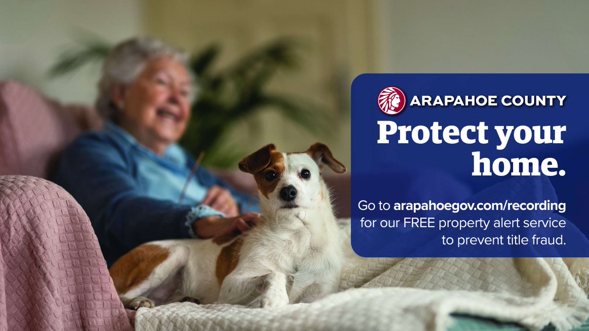 Protect your home and your equity, for free. Go to arapahoeco.gov/recording and set up an account for our Property Alert service. It takes minutes and protects you from fraudulent documents being recorded in your name.