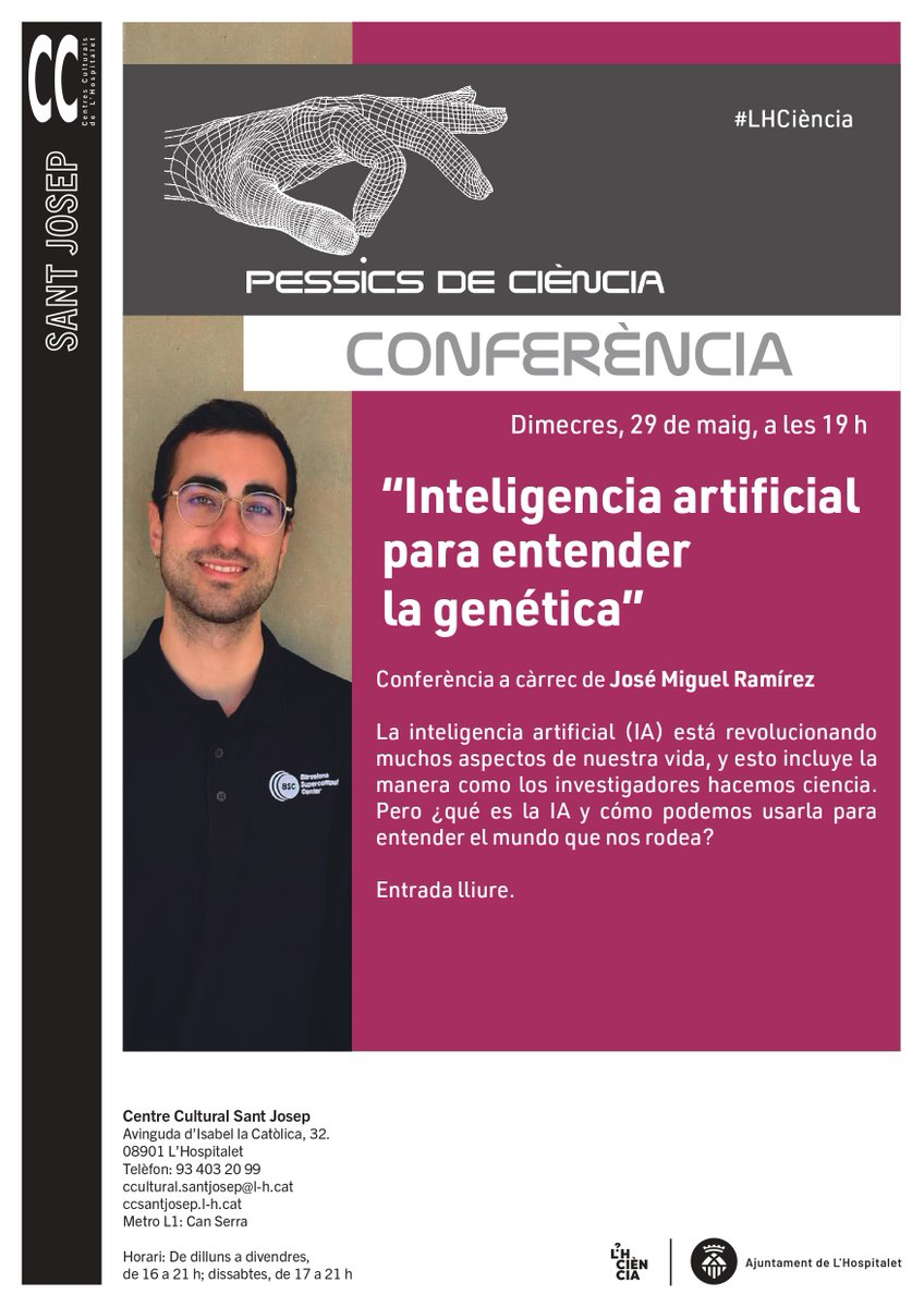 Voleu saber que és la #IA i com la podem fer servir per beneficiar-nos en el camp de la #genètica? Ens ho explicarà el <a href="/RamirezJMiguel/">José Miguel Ramírez</a>, investigador del <a href="/BSC_CNS/">BSC-CNS</a> 

🗓️29 de maig a les 19h
📍#CCSantJosep

#LHCiència
<a href="/LHEDUCACIO/">EducacióLH</a> <a href="/BibliotequesLH/">Biblioteques de L'H</a> <a href="/lhdigitalh/">LHdigital</a> <a href="/LHSalut/">Salut L'Hospitalet</a>