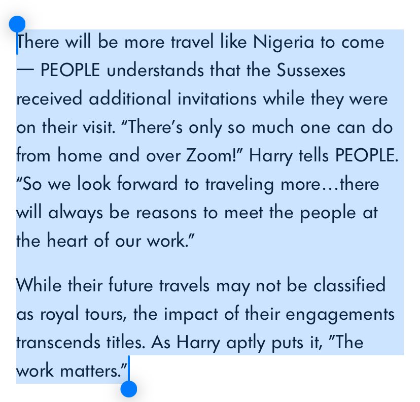 Ooooh … looks like we’re in for a treat!😍 H & M can visit whom they like, when they like.😩 “There will be more travel like Nigeria to come — PEOPLE understands that the Sussexes received additional invitations while they were on their visit.” Link 👉 archive.md/6oFYT