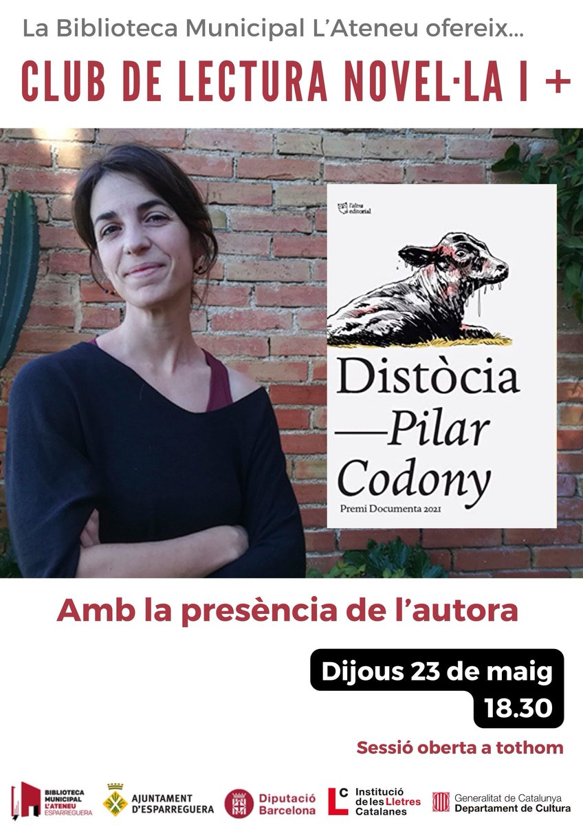 Dijous vinent al Club de Novel·la i + 📚 ens acompanyarà Pilar Codony, autora de 'Distòcia', la darrera obra que compartim aquest curs. Aquesta sessió especial estarà oberta a tothom. Us hi esperem!
#Esparreguera #bibliotequesxbm #bibliotequescat