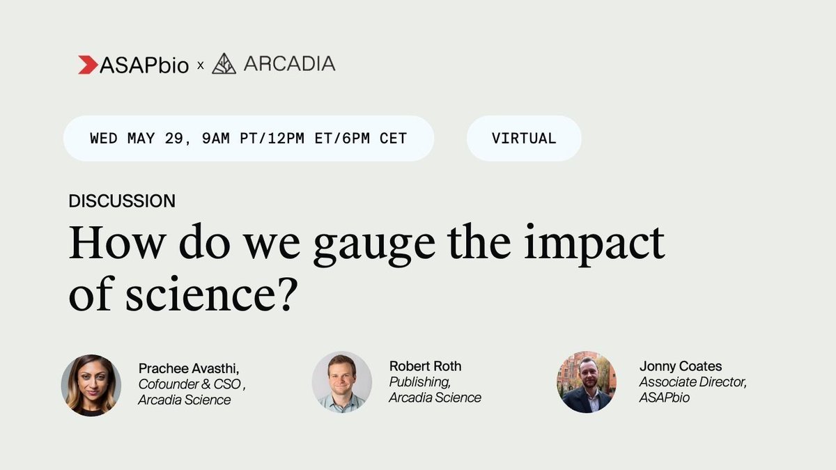 .@ASAPbio_ and @ArcadiaScience invite you for a discussion on gauging the impact of science! Join @PracheeAC, Robert Roth, and @JACoates for an interactive virtual discussion on Wednesday, May 29th, at 9 a.m. PT. Register here 👇 buff.ly/3UWibtc