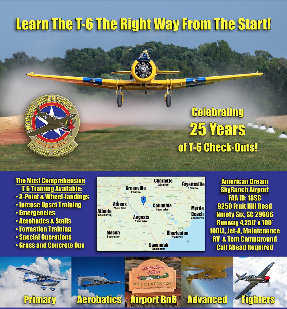 Learn To Fly The T-6 The Right Way From The Start! Whether you are in the market or already own a T-6, Warbird Adventures offers checkout courses to help hone your skills as a Warbird pilot so you can take to the skies like a pro. Learn more at warbirdadventures.com