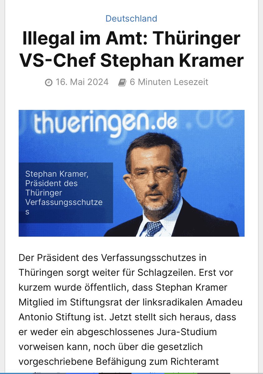 Der Scharfmacher in Verkleidung des Verfassungschutzpräsidenten in Thüringen, Stephan Kramer, ist illegal im Amt!

🔺Er hat weder ein abgeschlossenes Studium .
🔺Er hat keine gesetzlich vorgeschriebene Befähigung zum Richteramt.
🔺Er ist Mitglied im Stiftungsrat der Amadeo