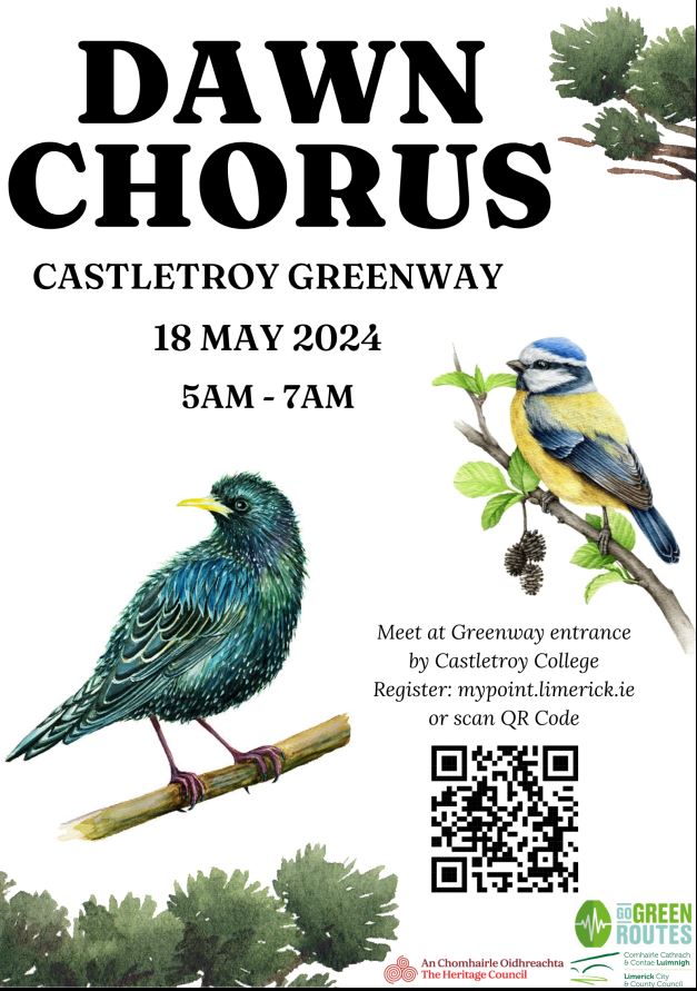 Castletroy Greenway Dawn Chorus!🐤 Saturday 18th May 5am – 7am Places limited. Details & Registration: mypoint.limerick.ie/en/content/daw…