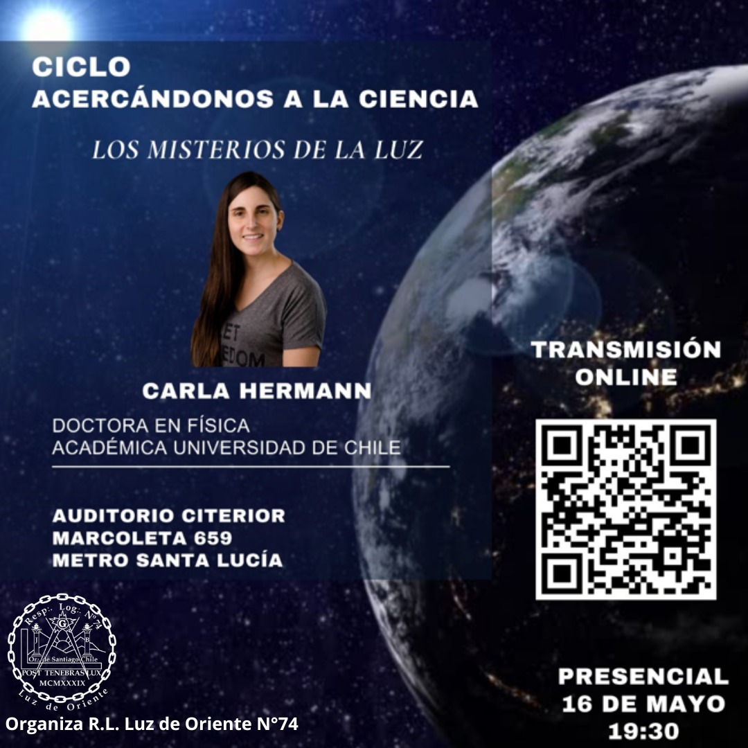 Hoy nuestra socia Dra. <a href="/CarlaHermann/">Carla Hermann A</a> estará participando en el "Ciclo: Acercándonos a la Ciencia. Los misterios de la luz" 👏🏻
La actividad se realizará de forma presencial en el auditorio citerior en marcoleta 659. Para acceder de forma online pueden escanear el código QR!!
