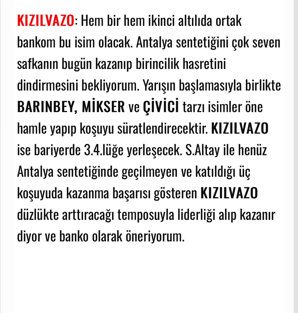 KIZILVAZO bankosu.. AGF: % 21 ganyan: 3,20 Denk koşuda net bankoyla ikinci altılıya avantajlı başladık, sonu güzel olsun. BarisGoksu.com