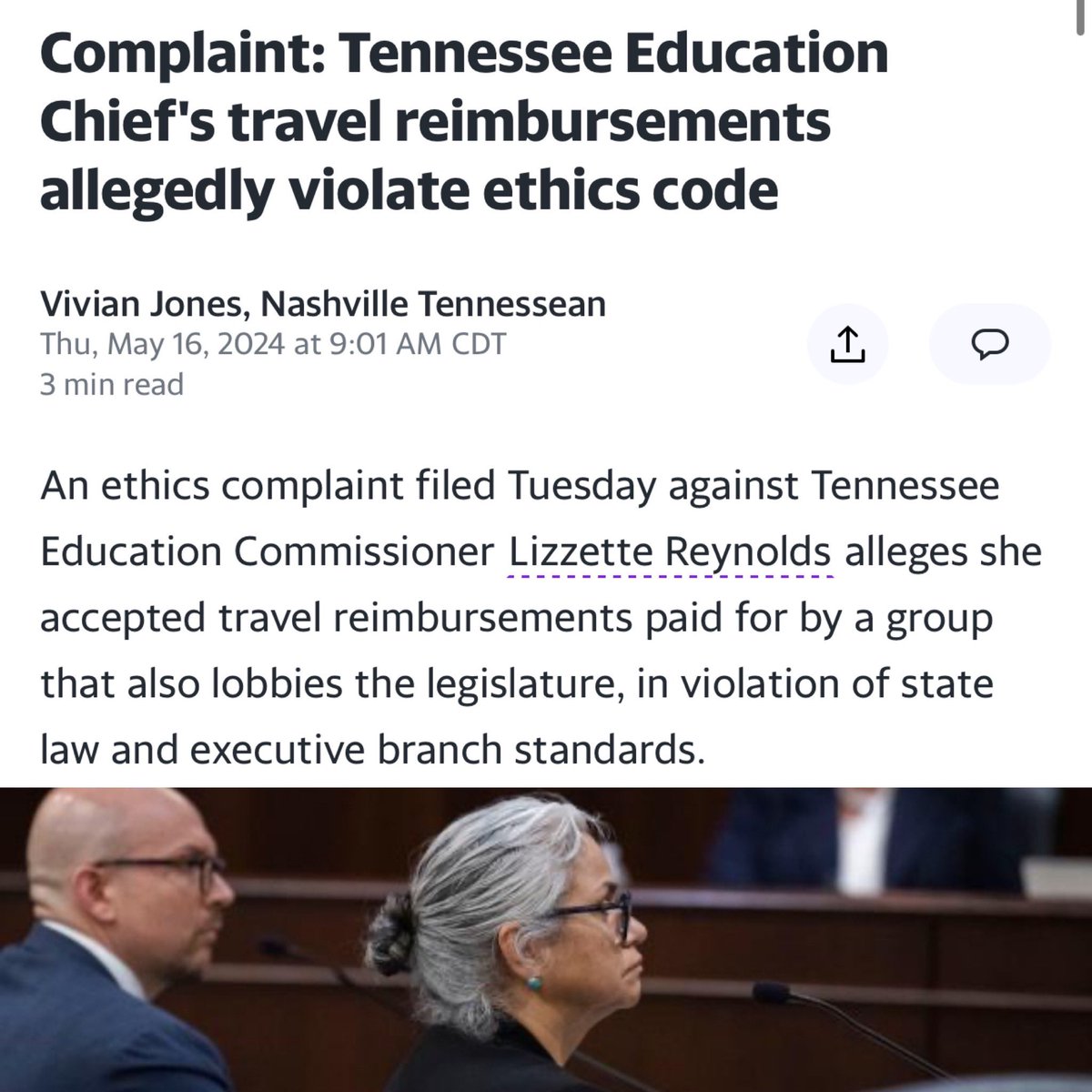 ETHICS COMPLAINT: “Alleges (unqualified) @TNedu commissioner Lizzette Reynolds accepted travel reimbursements paid for by a group that also lobbies the legislature… expenses paid by her former employer, @ExcelinEd.” More like excels in corruption. 🤷‍♂️ tennessean.com/story/news/pol…