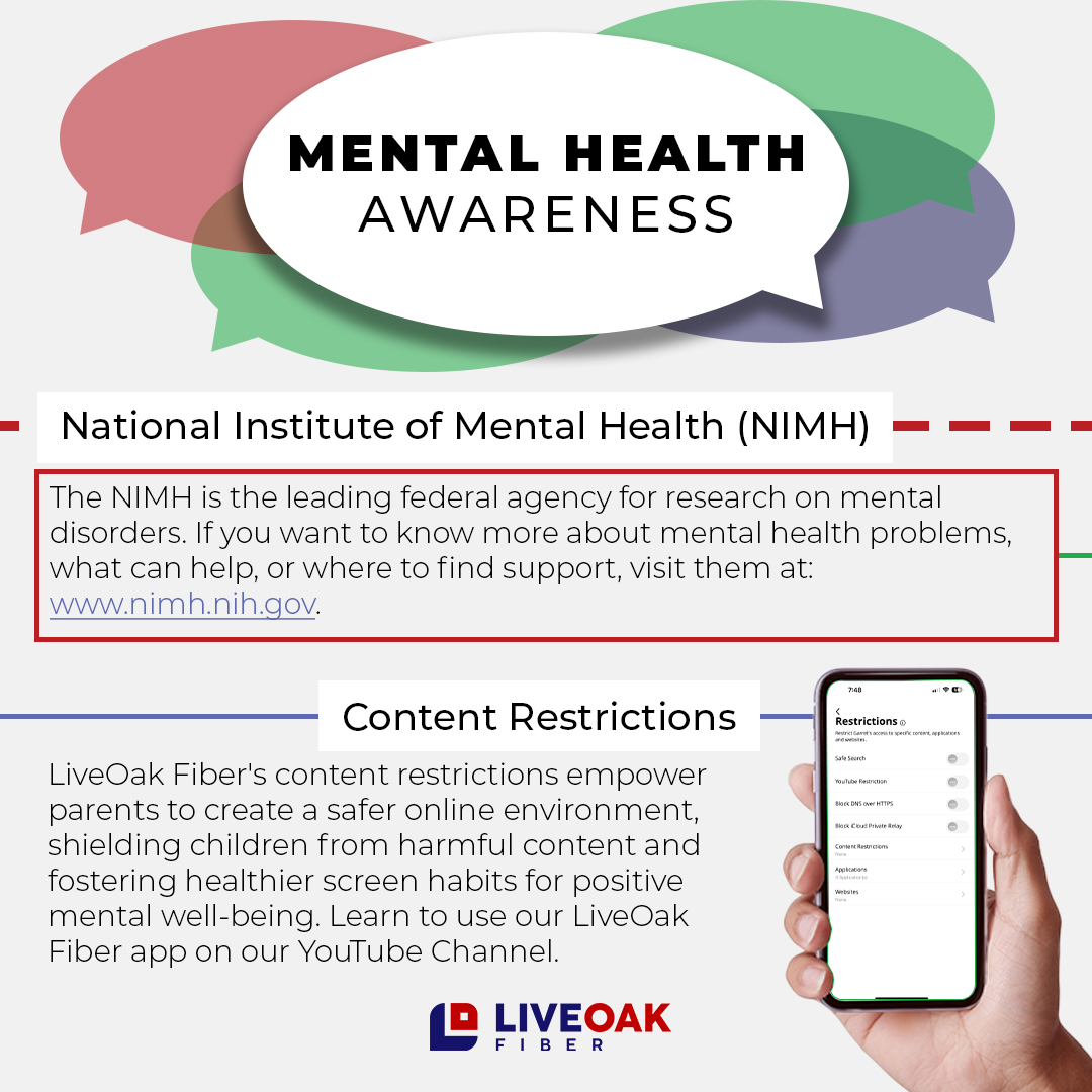 May is mental health awareness month. Safeguard your online experience with the LiveOak Fiber app. Together, let's amplify awareness and nurture each other's mental well-being. 🧠 #BetterInternetNow #MentalHealth #NIMH