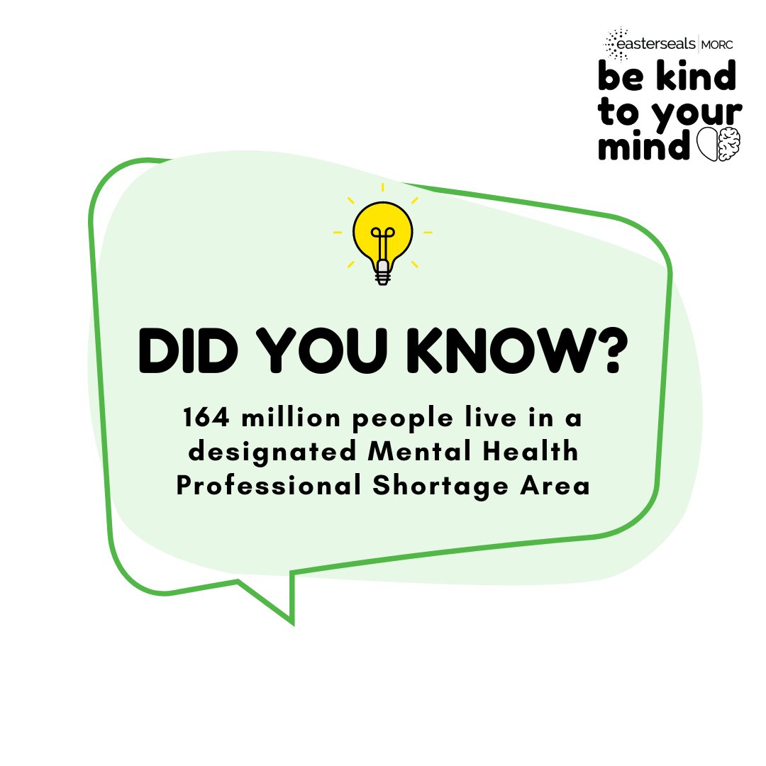 Did you know? 164 million people live in a designated Mental Health Professional Shortage Area. 

Follow this link bit.ly/3UVgHPV for a FREE anonymous mental health screening. It is time to put yourself first.

#mentalhealthawareness #EastersealsMORC #BeKindtoYourMind