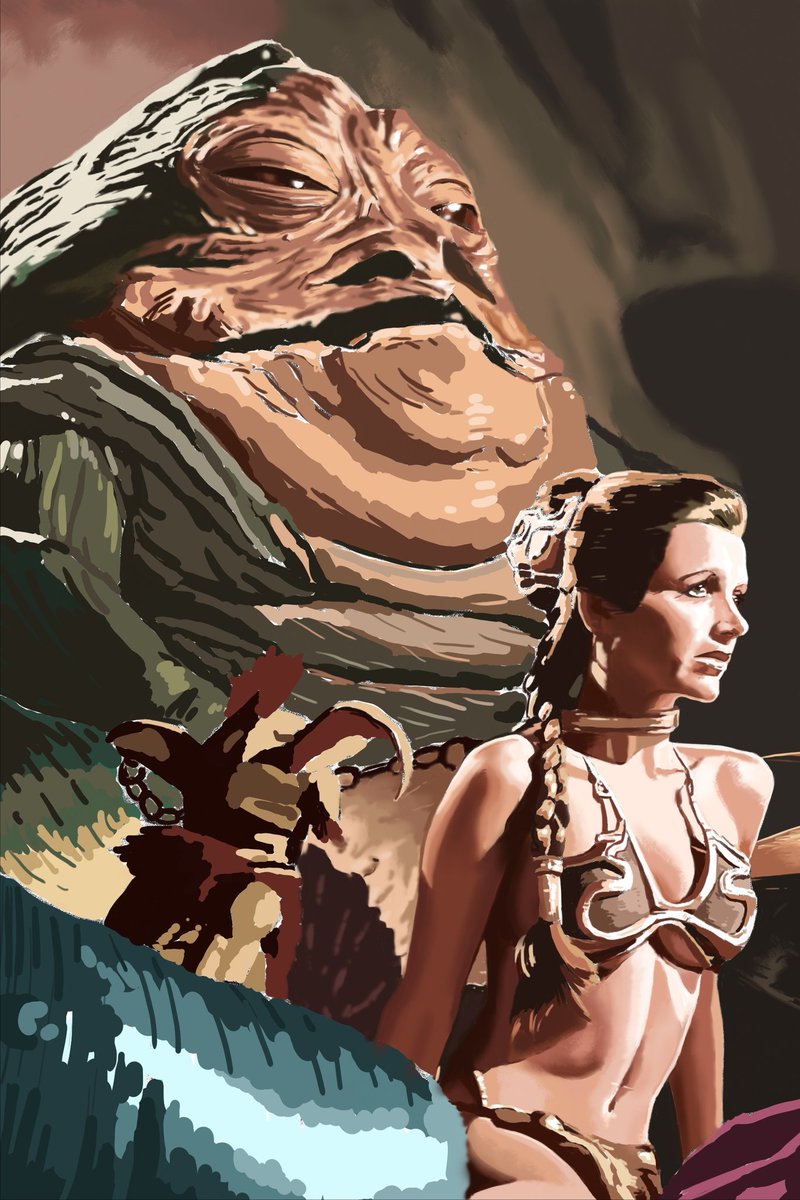 More painted progress on my #ReturnoftheJedi digital painting. Leia's skin is rendered. Still need to finish her hair and bikini, Jabba and Salacious Crumb. #WIP #StarWars #Leia #CarrieFisher #fanart #digitalart @ArtMutuals