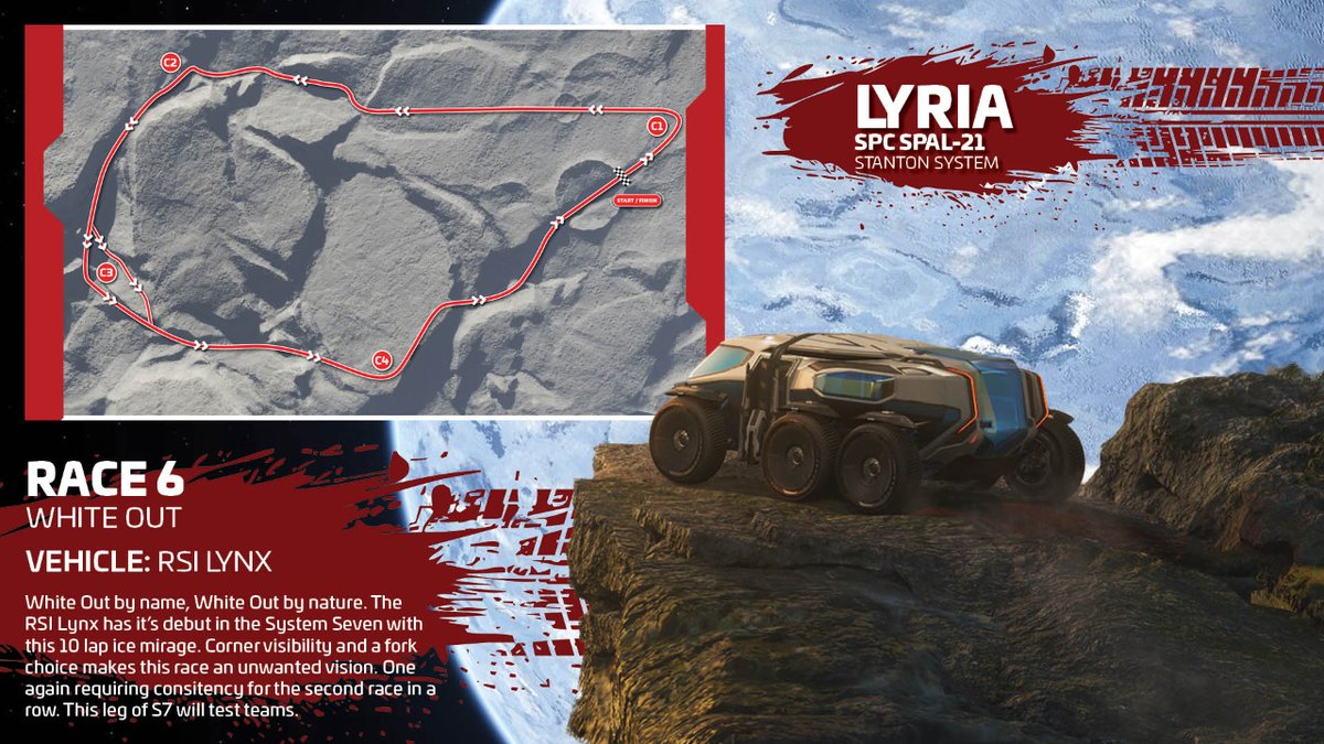 For the first System 7 race in Star Citizen 3.23, we are taking you to the moon of Lyria! Competitors are challenged on the RSI Lynx around this snowy white mountain range that takes you across a few deep craters! Join us on 🗓️ May 18th, 🕖 19:00 UTC!!