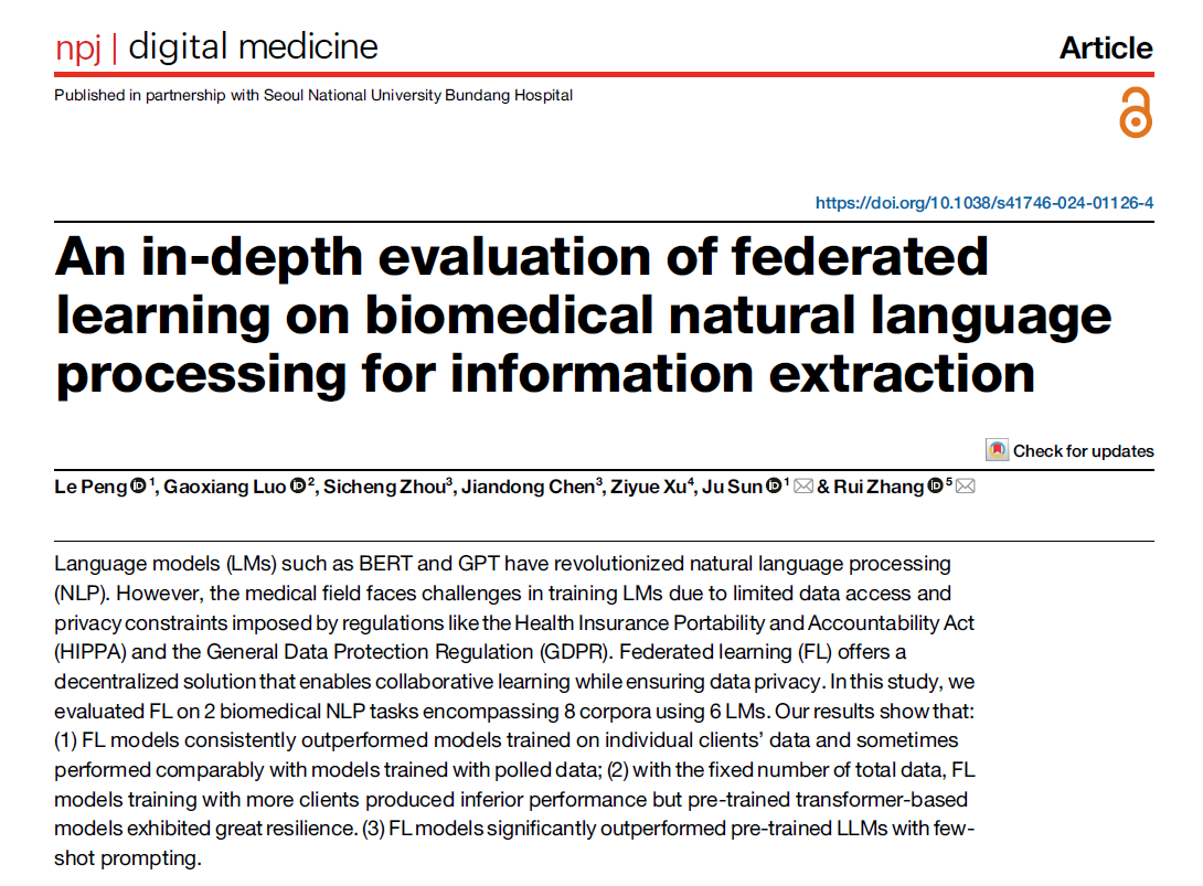 Can #AI models learn from distributed data without data sharing? This study explores #federatedlearning under multiple practical scenarios & shows that it improves language performance for biomedical NLP tasks while safeguarding data privacy. nature.com/articles/s4174…