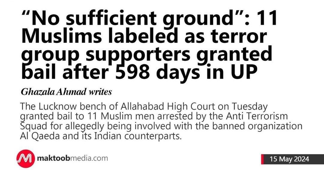 11 Muslim Men labelled as Terror group supporters are granted bail after 598 days in UP. No one bothered about this news. No officers are held accountable. No Compensation will be paid to them. Muslims shouldn’t be mere vote bank. Demand action from Political Parties.