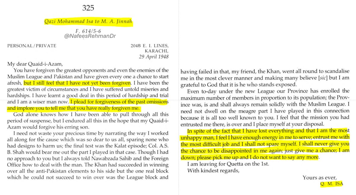 From the archives: 

Qazi Mohammad Isa writes a desperate letter to M. A. Jinnah seeking forgiveness. I share the letter verbatim here.

204B E. I. LINES, KARACHI,
29 April 1948

'Qazi Mohammad Isa to M. A. Jinnah'

'My dear Quaid-i-Azam,

You have forgiven the greatest opponents