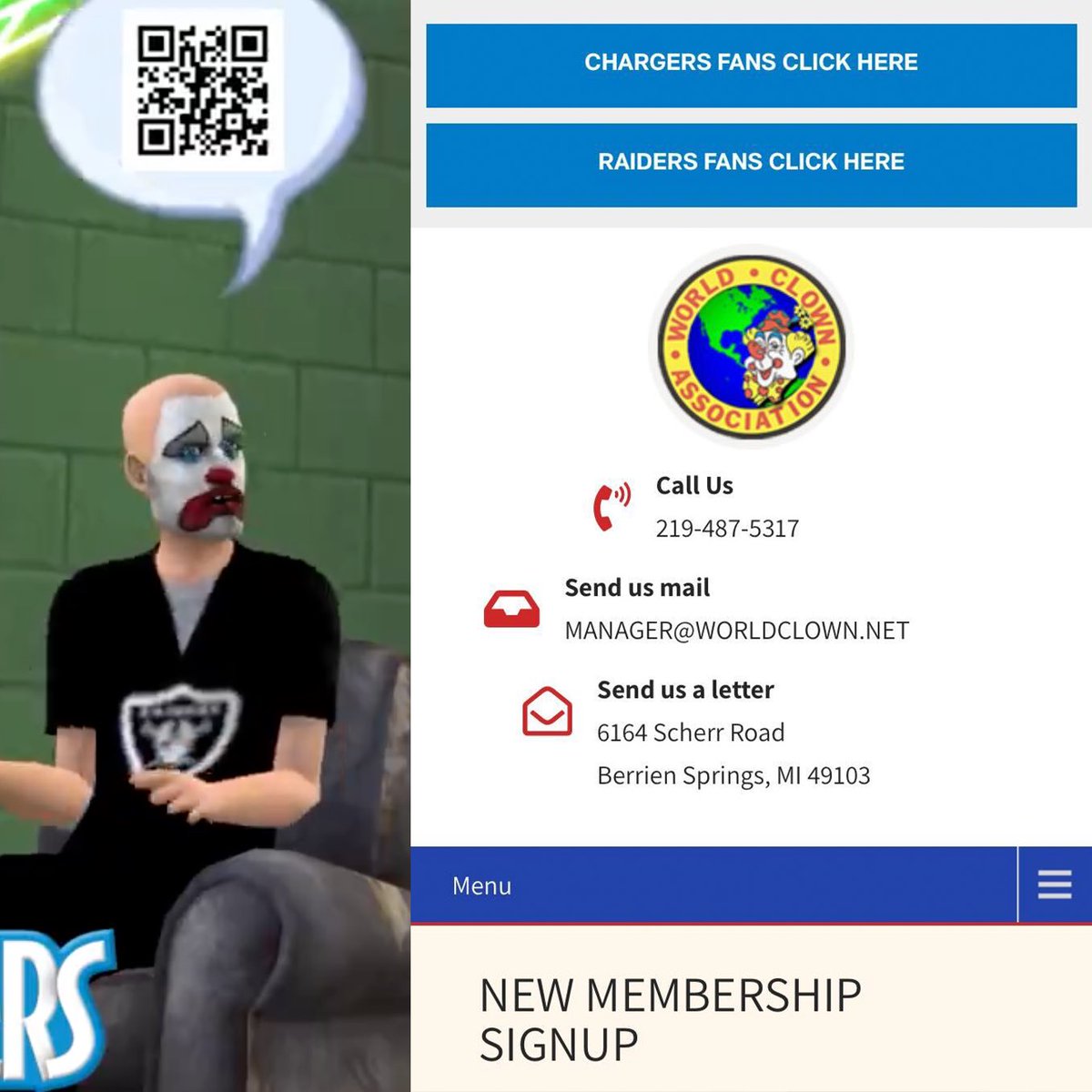 The Chargers included a QR code to send Raiders fans to signup for the World Clown Association 😂😭
