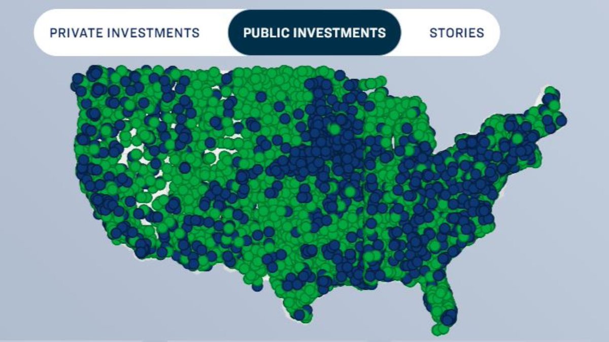 💯, investments are rolling out all across the U.S.! Each green and blue dot on this map represents a project funded by the historic clean energy and infrastructure laws signed by @POTUS. There are truly so many, it’s overwhelming! #InfrastructureWeek