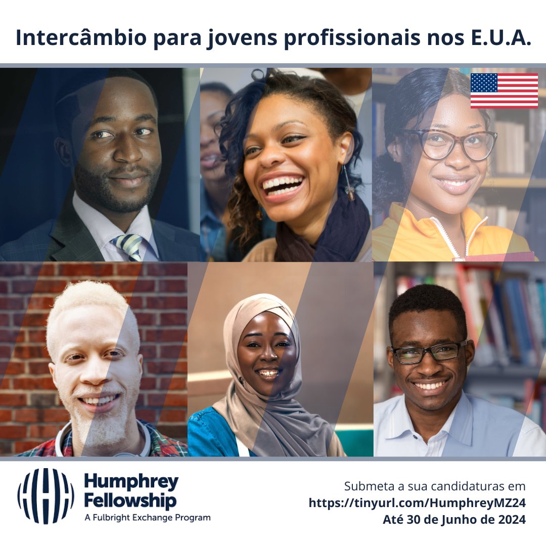 Oportunidade de Intercâmbio nos #EUA🇺🇸! Estão abertas as candidaturas para o @HumphreyProgram para jovens profissionais e líderes em Moçambique. 🌍 Candidate-se a um programa de intercâmbio durante um ano nos E.U.A. com a possibilidade de fazer estágios numa empresa norte