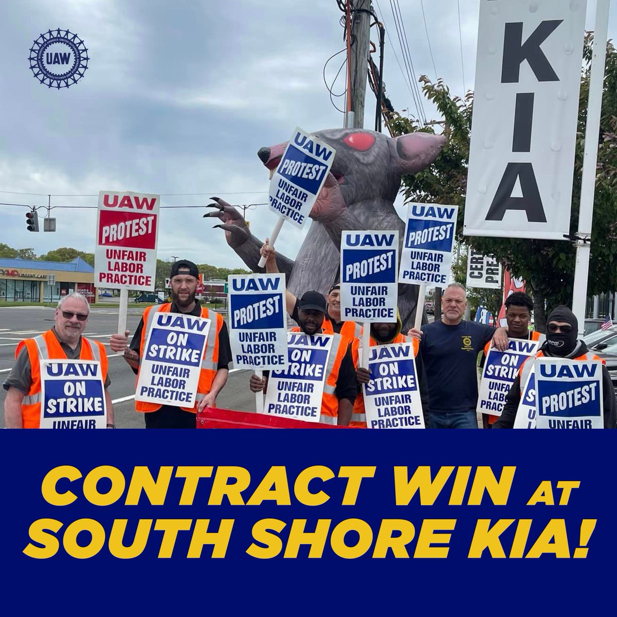 After bravely manning the picket line for seven days, UAW Local 259 members in @UAWRegion9A who work at South Shore Kia in Copiague, NY, have won an amazing contract! Management tried every trick in the book to break their union, but it only made workers' resolve stronger.