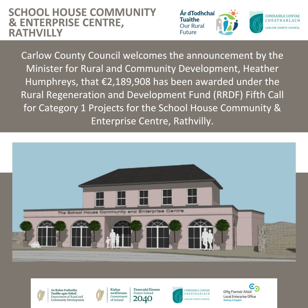 Carlow County Council welcomes the announcement by Minister @DeptRCD , @HHumphreysFG that €2,189,908 has been awarded under the RRDF for the School House Community & Enterprise Centre, Rathvilly. Read carlow.ie/news/2024/rura… #OurRuralFuture #Rathvilly #Carlow @LocalGovIre