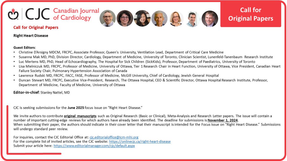📢 CALL FOR PAPERS: CJC is seeking original research papers for a June 2025 focus issue on 'Right Heart Disease'. Deadline for initial submissions: November 1, 2024. For more information, see here 👉 onlinecjc.ca/right-heart-di… #RightHeartDisease #CallForPapers #Cardiology #CJC
