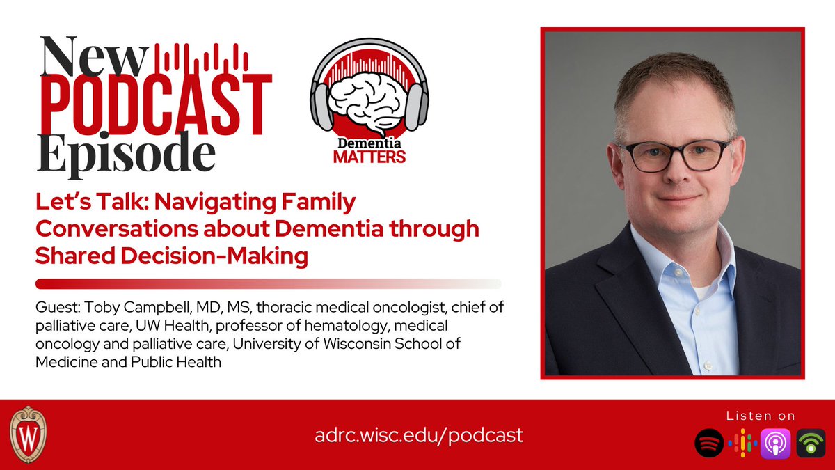 On the latest episode of #DementiaMatters, Dr. Toby Campbell joins @NathanielChinMD to discuss the importance of shared decision-making and strategies for navigating important conversations in the memory clinic. Listen 🎧 go.wisc.edu/9t64ck