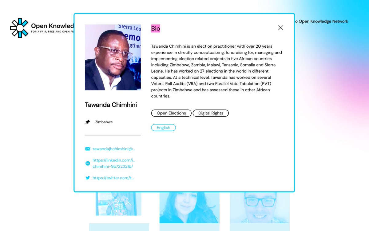 ✨ New specialist in the #OpenKnowledgeDirectory 📌 @tawandachimhini is an election practitioner based in #Zimbabwe with over 20 years of experience working with and for elections. 👉🏾 Meet him at network.okfn.org/specialist/taw… ➕ Nominate a specialist: network.okfn.org/project/