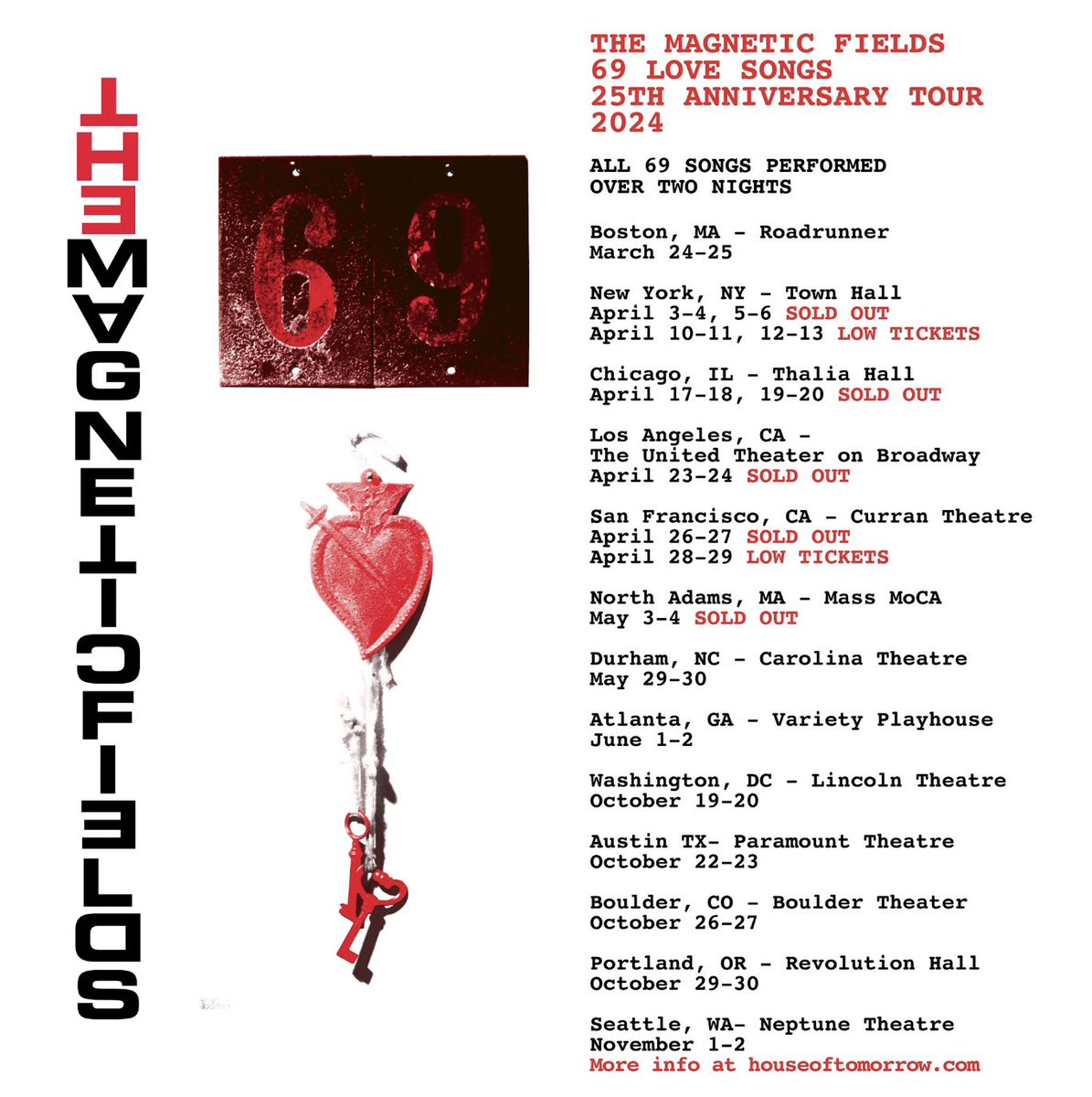 Local folks, the next stop on the @TheMagFields' tour is right here in Durham! 📍 Come celebrate the 25th anniversary of 69 Love Songs and the 35th anniversary of Merge Records at @CarolinaDurham on May 29th and 30th! Tickets can be found here: houseoftomorrow.com/calendar