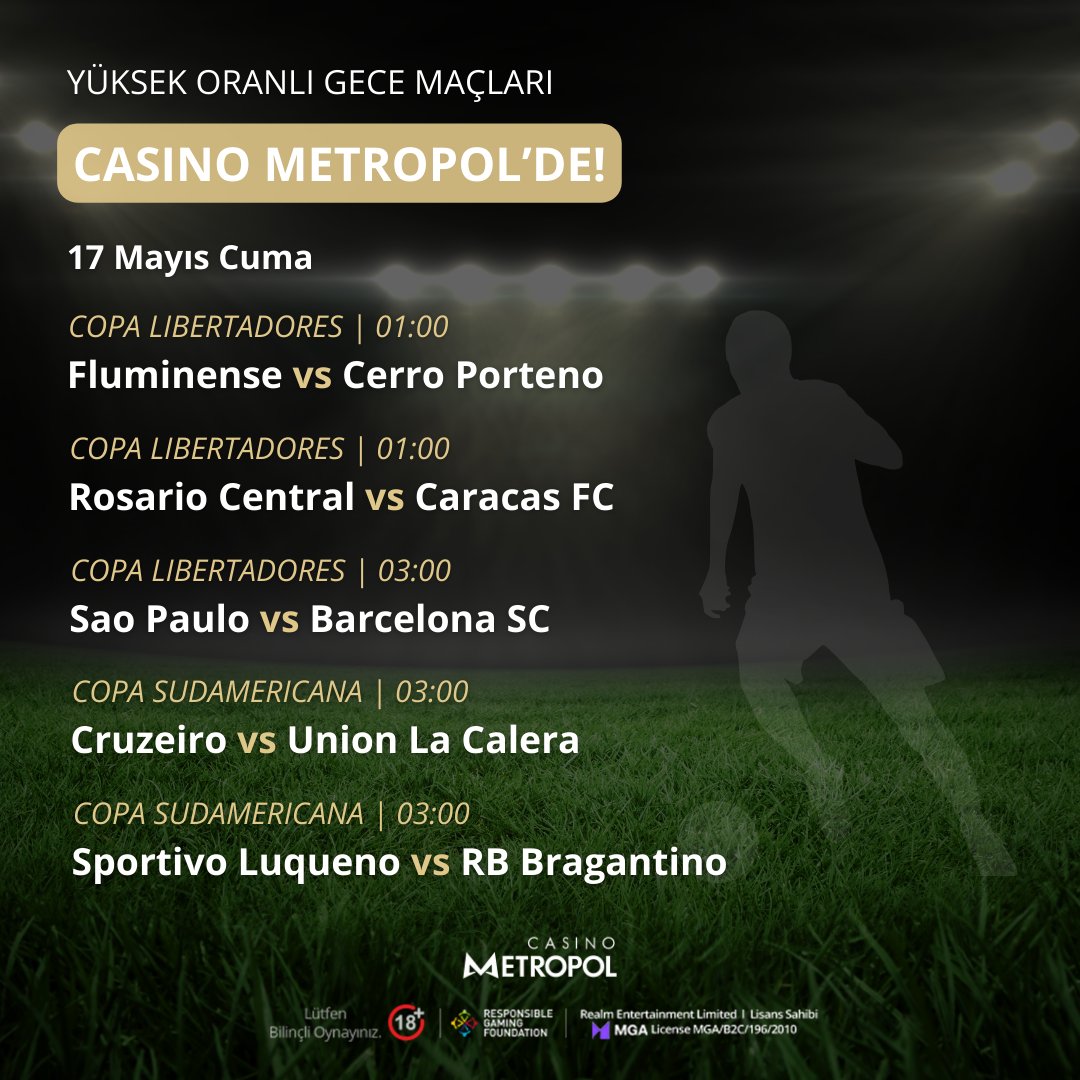 🌑 Copa Sudamericana Grup H'de 5. maçta 9 puanlı RB Bragantino, 1 puana sahip Sportivo Luqueno ile karşı karşıya! #CasinoMetropol ile gece maçları kaçmaz! Casino Metropol Giriş: bit.ly/3BIuxdY