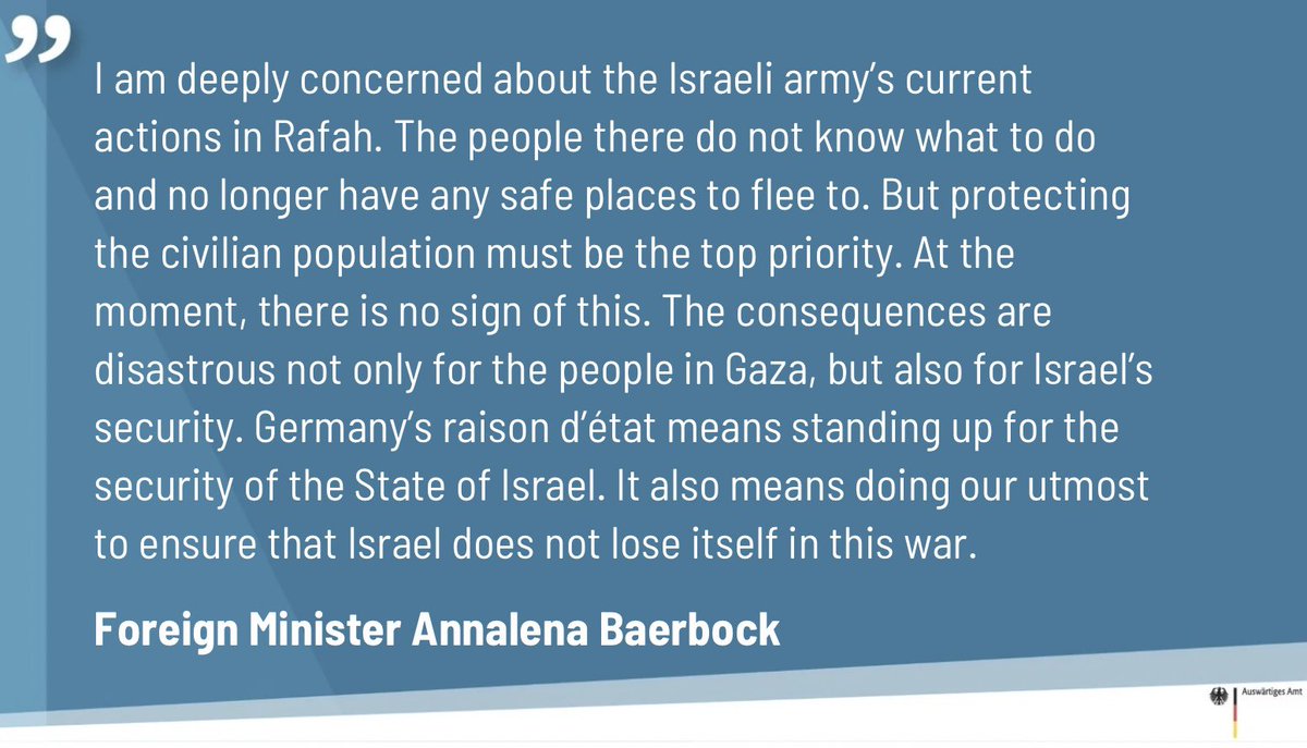 GermanyDiplo's tweet photo. .@ABaerbock on the situation in #Rafah. Read the full statement here 👉 https://t.co/CN0FLqltVA https://t.co/30wGNeby7y