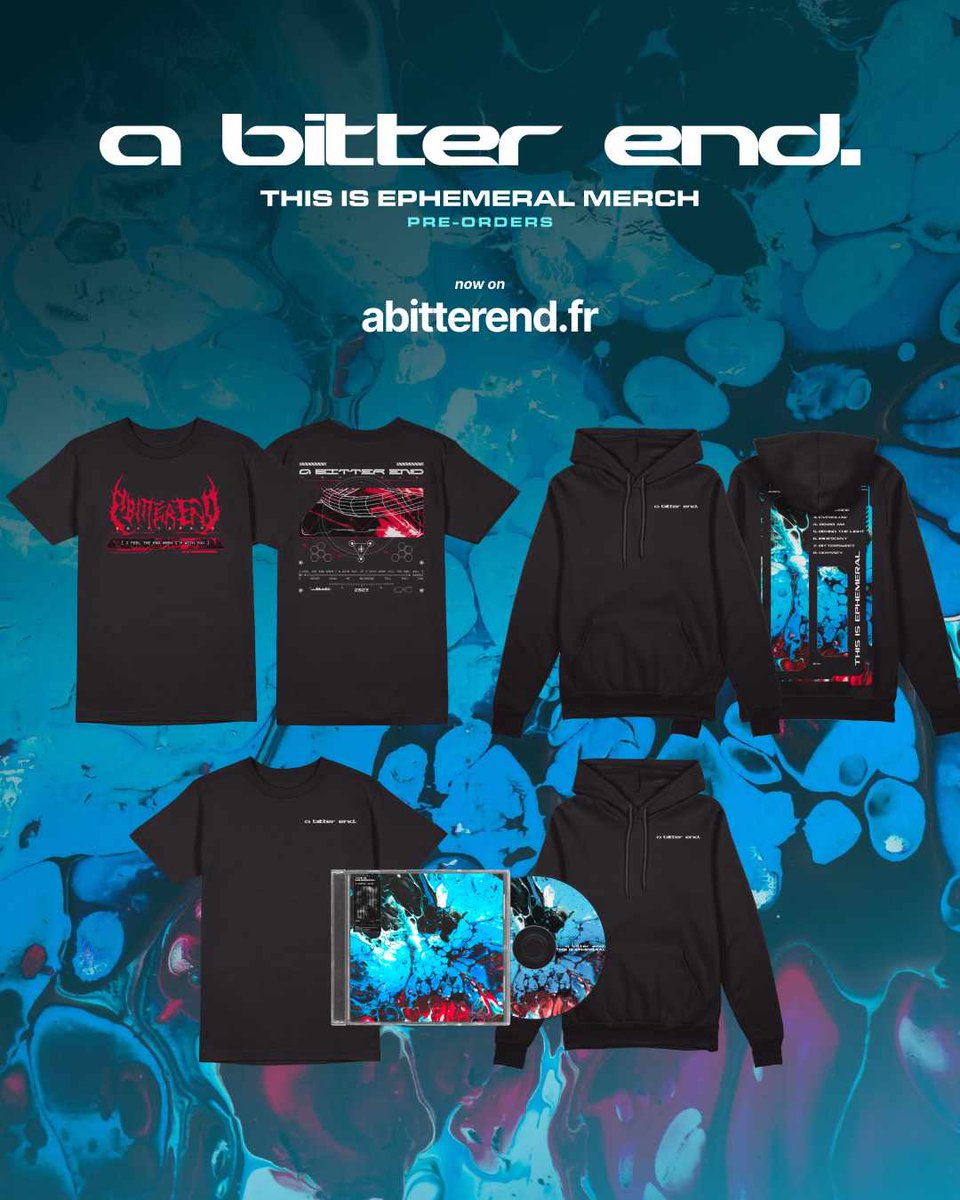 PRE ORDER MERCH AVAILABLE
worldwide shipping.

- CD THIS IS EPHEMERAL
- TEE LOGO
- HOODIE LOGO
- TEE HEAVY-METAL
- HOODIE THIS IS EPHEMERAL

abitterend.fr