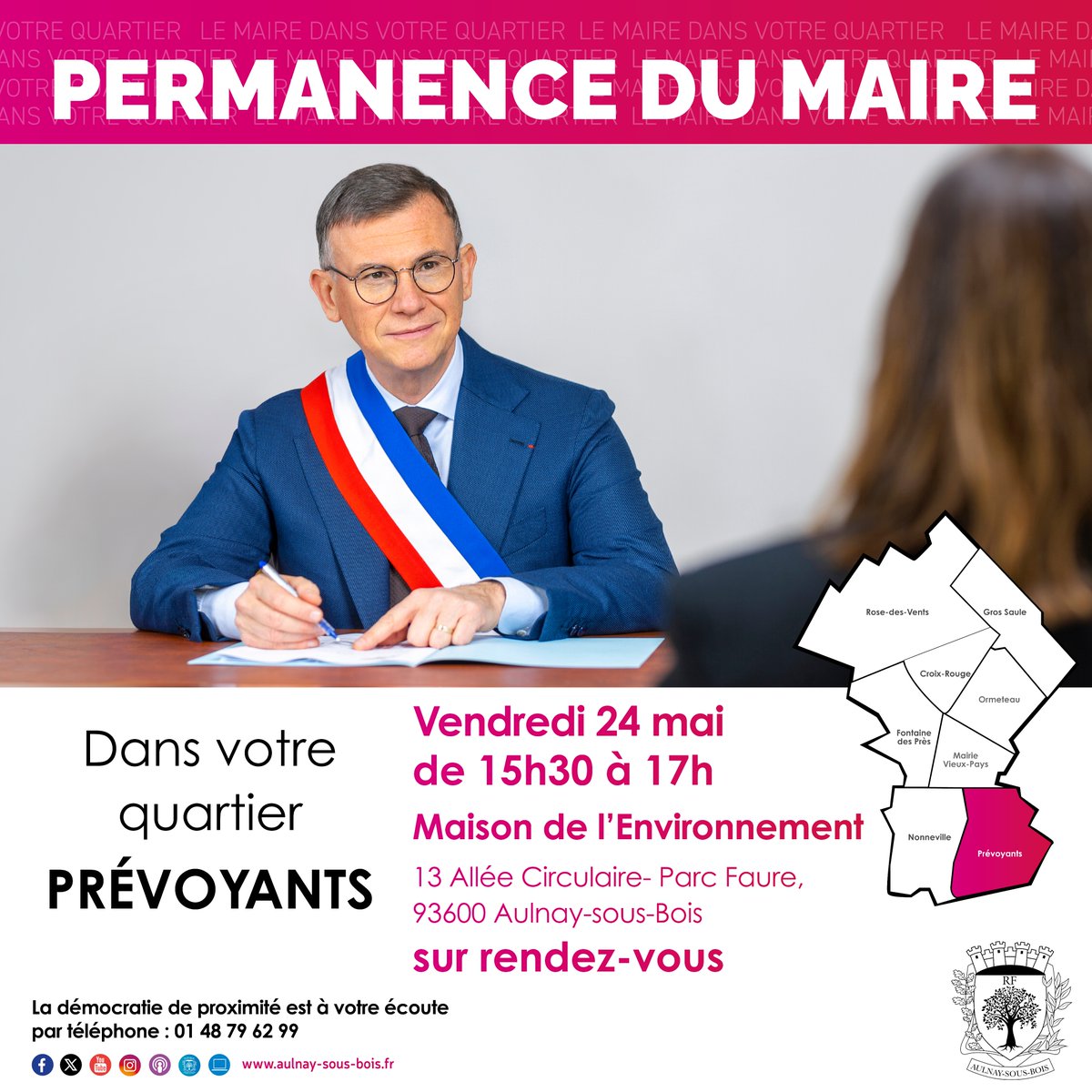 [PERMANENCE]📅Le Maire @brunobeschizza vous reçoit sur RDV dans le quartier Prévoyants ! 📍Prochaine permanence vendredi 24 mai 2024 de 15h30 à 17h00 à la Maison de l'Environnement. 📞 RDV au 01 48 79 62 99