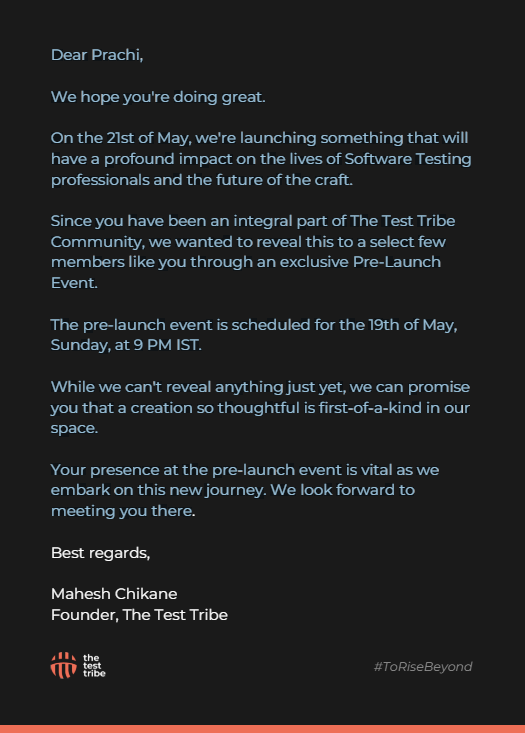 DahibhatePrachi's tweet photo. Thrilled to be invited to the exclusive Pre-Launch Event by @the_test_tribe !
Can't wait to uncover what they've crafted for us software testing professionals.
β Counting down to May 19, 9 PM IST! π
#TestTribe #SoftwareTesting #Innovation #TestingCommunity #Innovation https://t.co/j0Vwy0ERDK