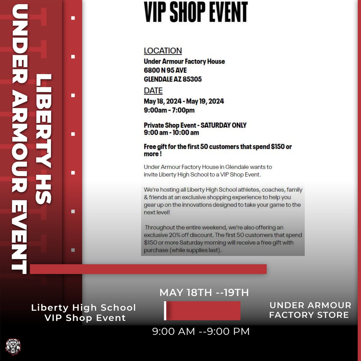 Liberty HS and Under Armour will be hosting a VIP Shop event for our Liberty HS community Saturday and Sunday at the UA Factory Store where we will also have our UA uniform reveals.