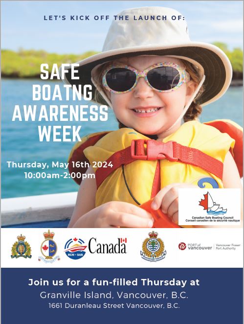 The launch of Safe Boating Awareness Week (May 18-24) is taking place today at Granville Island from 10 - 2 p.m. Pop down for fun events!
 
For more information on how to stay safe on the water, visit: csbc.ca/en/safe-boatin…