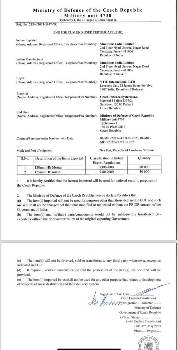 El gobierno filtra el presunto documento sobre el Borkum que, supuestamente, garantiza que el destino final es la R. Checa, y el propio documento reconoce que el material se puede reexportar con la autorización del país exportador (India) Si hay indicios, hay que parar el barco