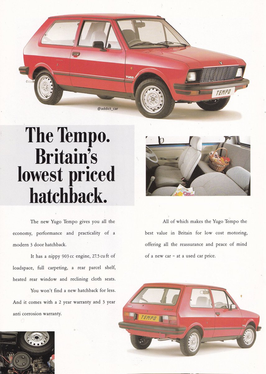 The political tumult which had swept through Eastern Europe in 1989 initially appeared to leave Yugoslavia untouched. In 1991 Yugo (now used as a marque name by Zastava in many markets) claimed the accolade of the UK's cheapest hatchback for its 903cc Tempo. #carbrochure #Yugo