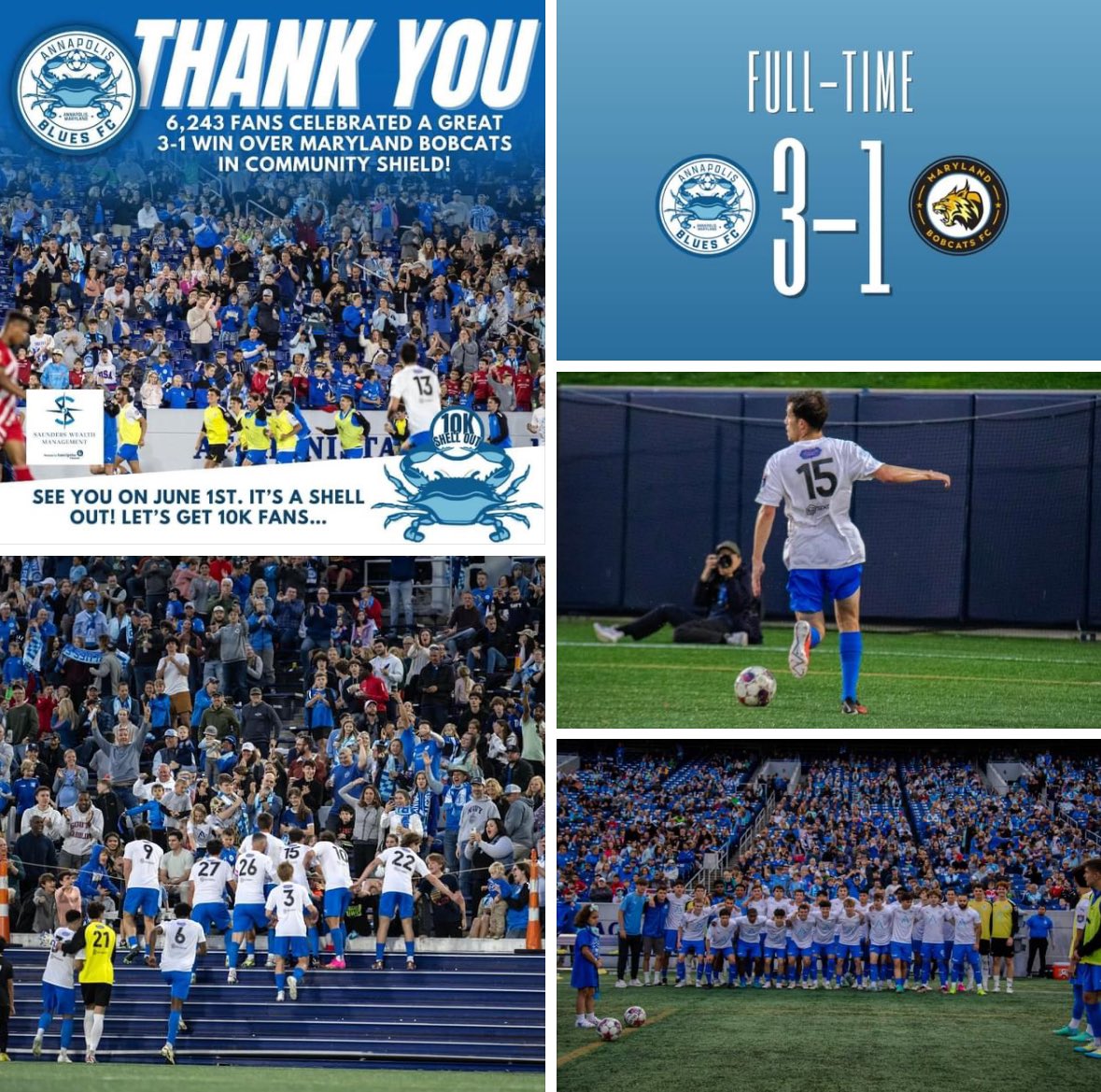 Special night in Annapolis… Annapolis Blues had 6,243 fans for Community Shield (annual pre-szn game). They beat strong 3rd Division pro team Maryland Bobcats in final Pre-Season game while selling lots of merchandise & raising money for 4 local charities. The Beautiful Game!!!
