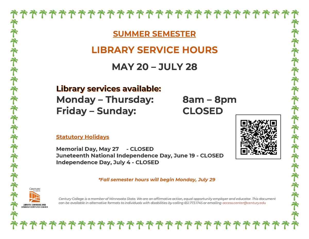 Summer hours @CenturyCollege Library starts on Monday. See you around the library and have a great summer!🌞📚
For a complete listing of hours, visit: century.edu/academics/libr…
For Student Technology Resources help, visit: century.edu/support-servic…