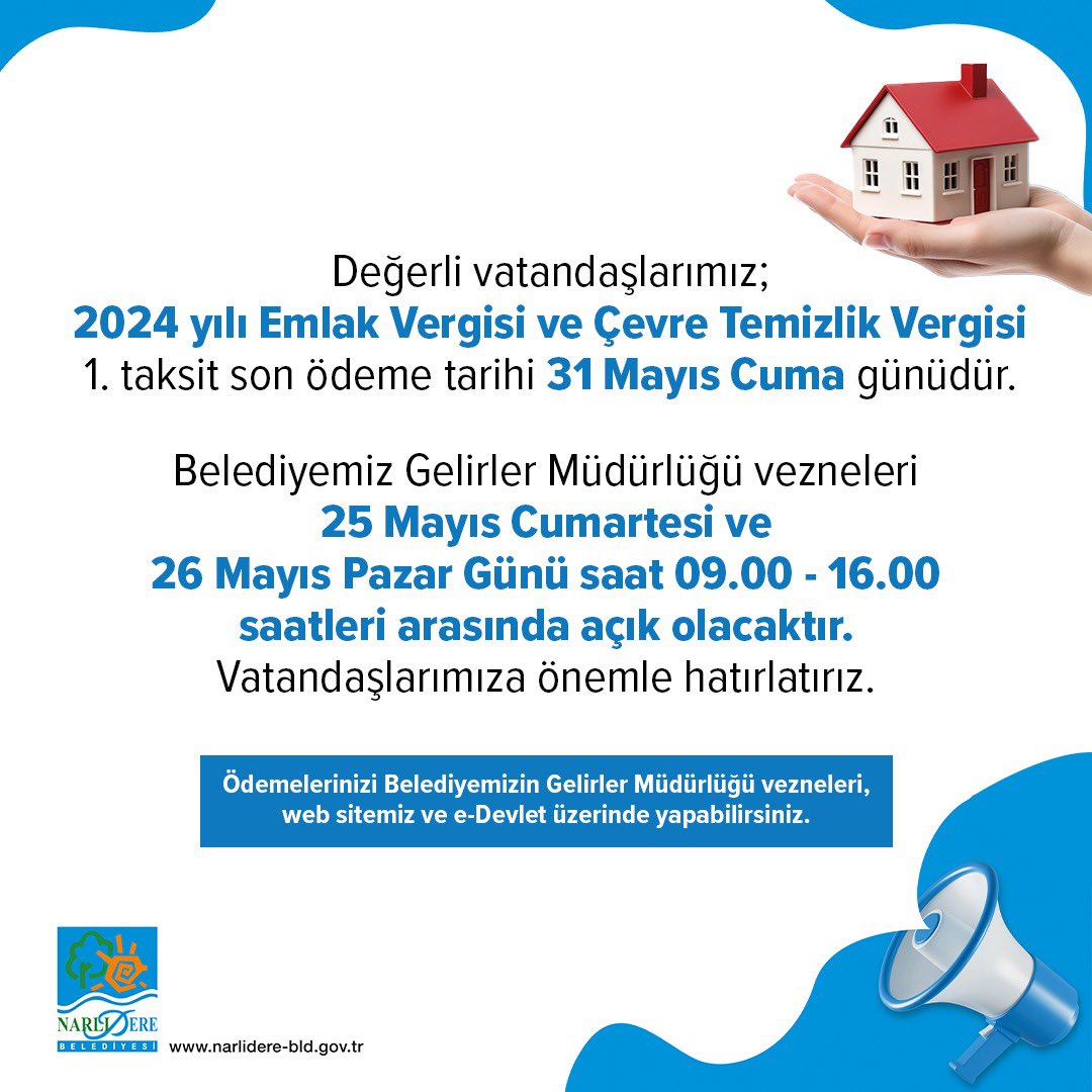 📢Değerli vatandaşlarımız, 2024 yılı emlak vergisi ve çevre temizlik vergisi 1. taksit son ödeme tarihi 31 Mayıs Cuma günüdür. Ödemelerinizi; 🔹Belediye veznelerimiz, 🔹web sitemiz ve 🔹e-Devlet üzerinden yapabilirsiniz. 🔗 ebelediye.narlidere-bld.gov.tr/ebelediye