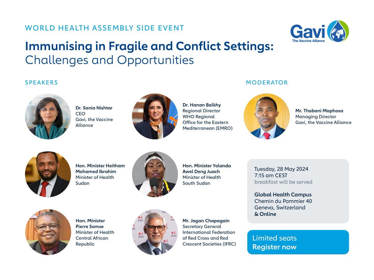 Save the date! We’re hosting a #WHA77 discussion to explore the key challenges associated with immunising populations in fragile and conflict settings and highlight emerging opportunities for tailored support. Join us to hear from a panel of experts on May 28: