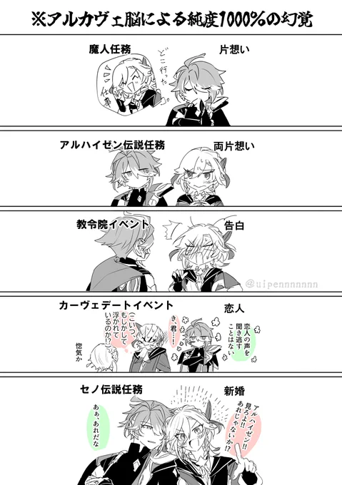 私はこういう幻覚だと理解した!!!
※でんにんと書いてる所のシーンは存在しないで安心して下さい。でも一応ネタバレかもなのでご注意ください。
これから私はこれを基盤にアルカヴェを描くので解釈違いや苦手な方はブロックしてください! 