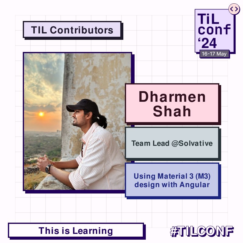 Tomorrow at 9pm IST I will be talking about "Using Material 3 (M3) design with #Angular" at #TiLConf

This will be a beginner friendly session, so even if you are just getting started with Angular, feel free to join.

youtube.com/live/04fcqC8Gh…