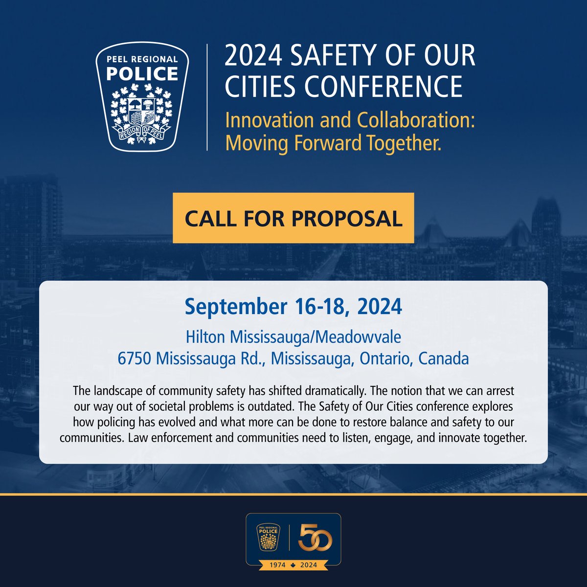 Join us for the 2nd Annual Safety of our Cities Conference: Sept 16-18th. #SafetyofOurCities conf explores how policing has evolved, & restoring balance/safety in our communities. Call for Proposals & Registration now open: safetycitiesconference.ca #PRP #OACP #MCCA