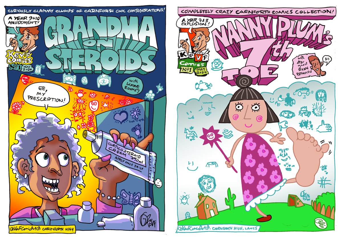 Grandma On Steroids + Nanny Plum's 7th Toe, yesterday's comics by pupils at @carnforthhigh in my Comic Art Masterclasses And that's it for the week. Now I can put my feet up and (checks notes) draw a few dozen pages of comics for a living!