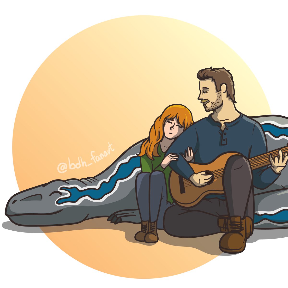 sarasfanarts's tweet image. A little #Clawen piece that came to mind last week! 🦖🎶

Also please forgive my absolute lack of knowledge of guitars and my laziness to look up references, all came from here -&amp;gt;🧠

#jurassicworld | #brycedallashoward | #chrispratt | #dinosaur