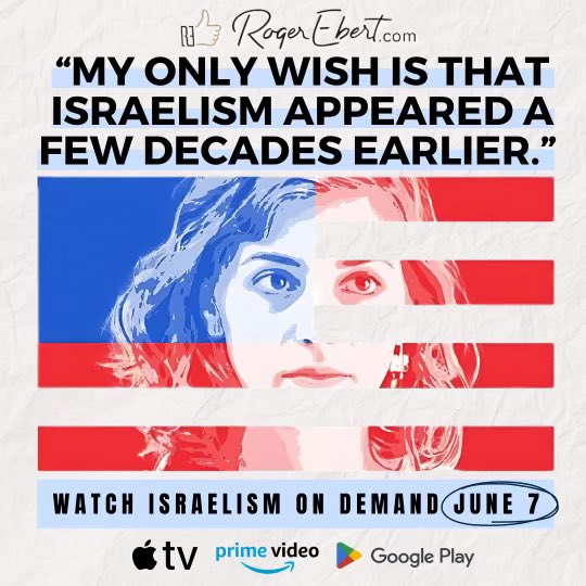 RogerEbert.com states about Israelism: ‘My only wish is that Israelism appeared a few decades earlier’ We & our distributor @watermelon_pics are bringing Israelism to @AppleTV @PrimeVideo & @GooglePlay on June 7 More info coming soon
