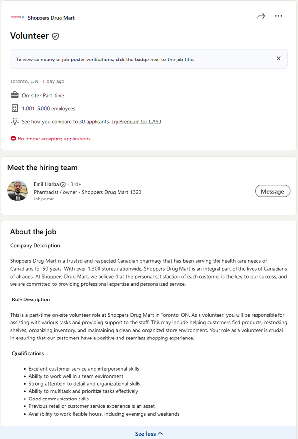 OMG!! This is real! Shoppers Drug Mart seriously posted an ad trying to find workers who will work for free! They've lost their minds. What a joke society has become. linkedin.com/jobs/view/3922…