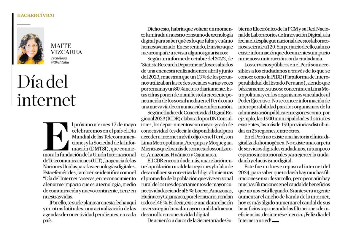 #HackerCivico Mañana se celebra el Día Mundial de las Telecomunicaciones y la Sociedad de la Información (DMTSI) #17M. La efemérides está asociada a revisar la agenda digital pendiente. La columna de hoy vía @elcomercio_peru ofrece insights al respecto: En verdad hemos avanzado?