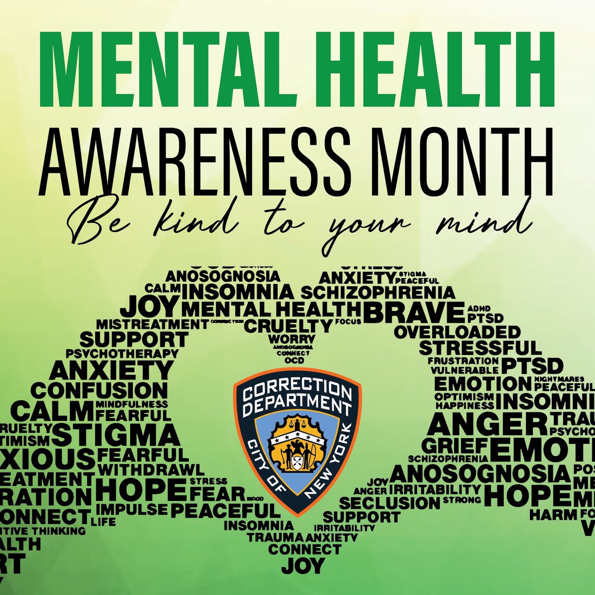 Today for #MentalHealthActionDay, and every day, #DOC remains committed to raising awareness about mental health and wellness. Learn more at bit.ly/3wuJaTo. @MentalHealthNYC #BeSeenInGreen
